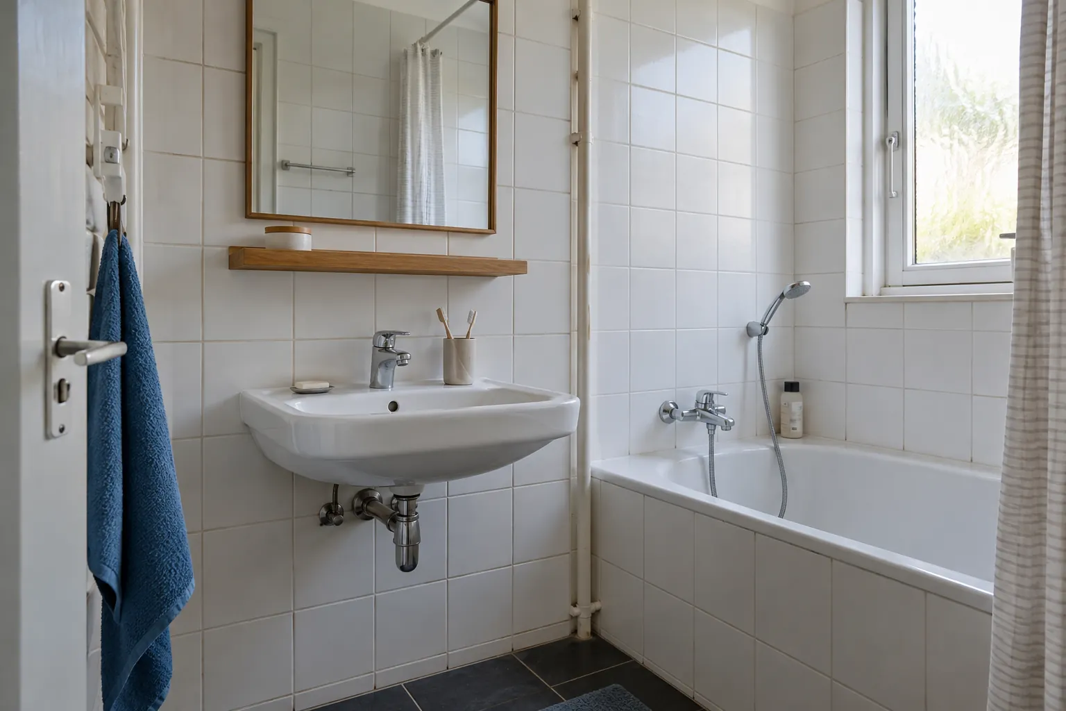 Gedateerde witte badkamer met wastafel, bad met douchekraan, houten planchet en een blauwe handdoek naast de deur — illustratief beeld