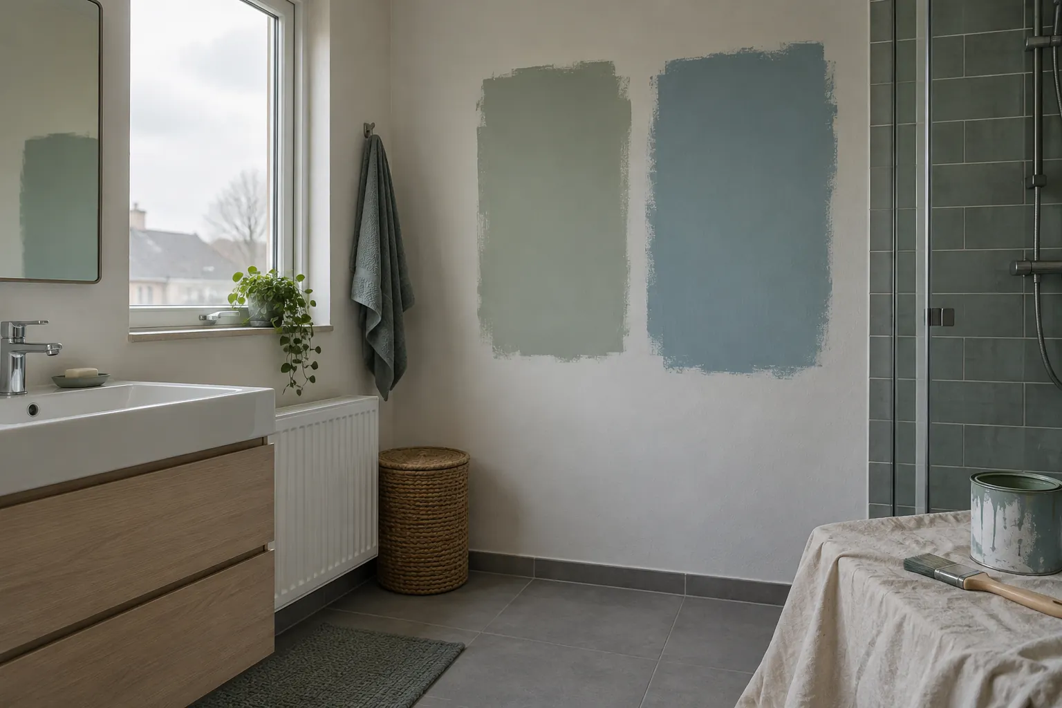Twee grote proefvlakken in grijsgroen en grijsblauw op een witte badkamerwand naast een douche, met een verfpot en kwast op een afgedekte tafel — illustratief beeld