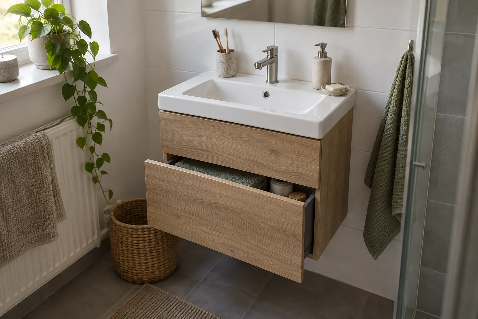 Zwevend wastafelmeubel in houtlook met een half open lade onder een witte wastafel — illustratief beeld