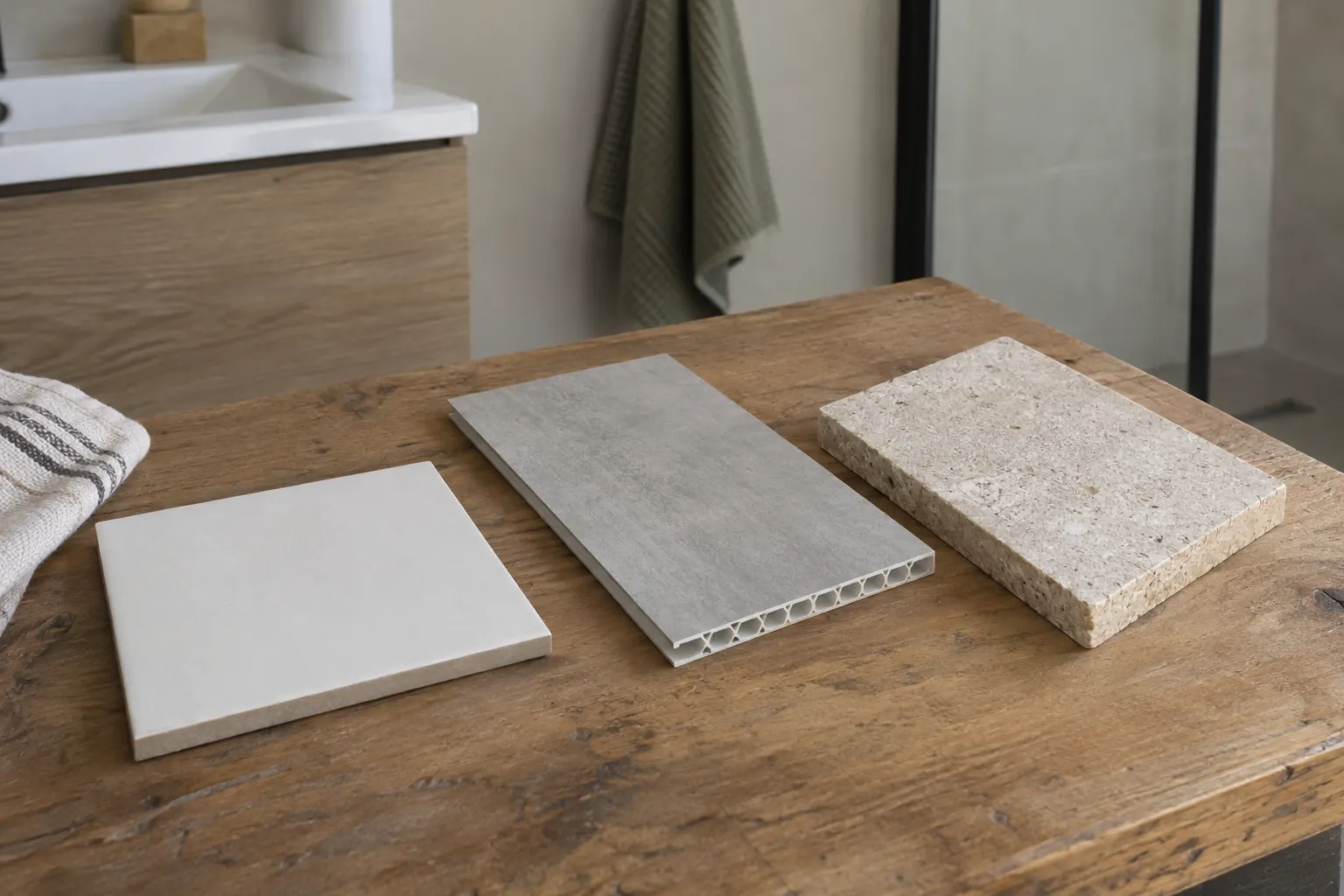Drie wandmateriaalstalen op een houten tafel in een badkamer: een witte tegel, een grijze plaat met holle kamers en een plaat met steenlook — illustratief beeld