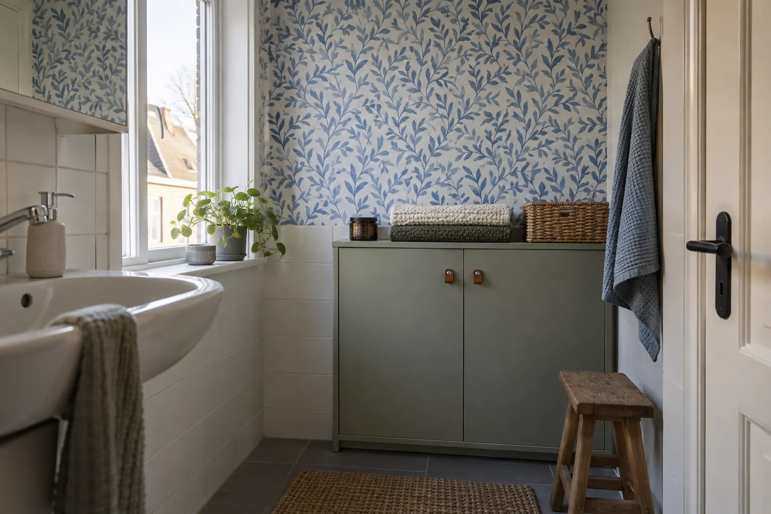 Badkamer met blauw bladerbehang boven witte wandtegels, een grijsgroene kast, een raam en een houten krukje — illustratief beeld