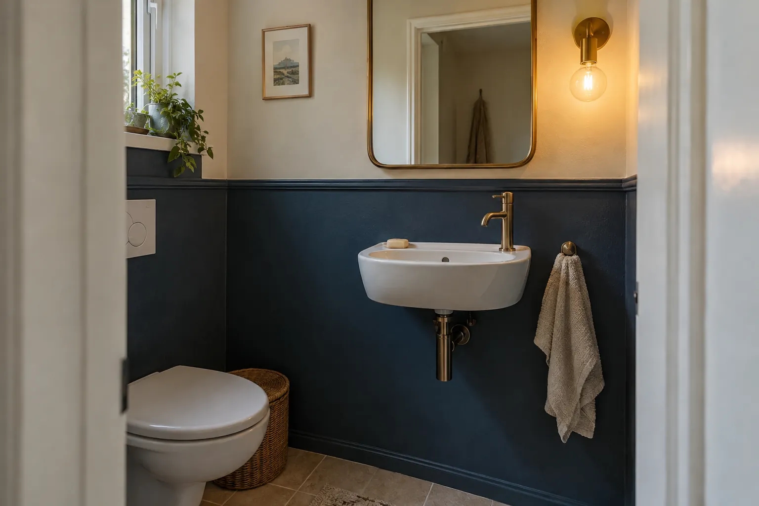 Toiletruimte met donkerblauwe lambrisering, een fontein met goudkleurige kraan, een spiegel met goudkleurige lijst en een wandlamp — illustratief beeld