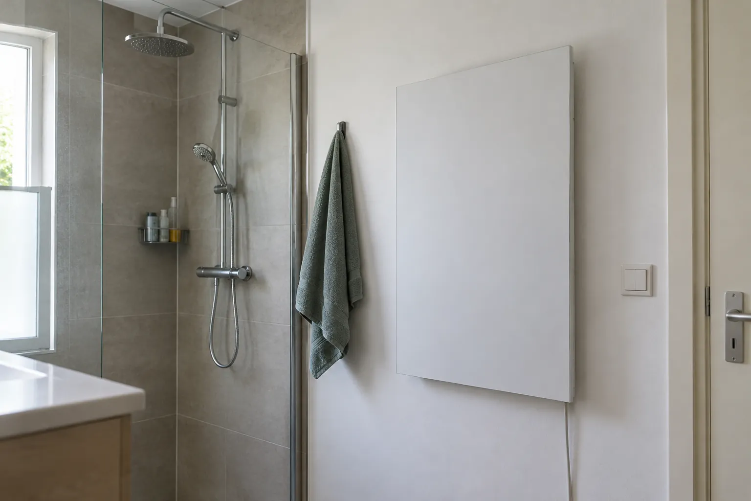 Wit vlak wandpaneel naast een inloopdouche met glazen wand en een groene handdoek aan een haak — illustratief beeld