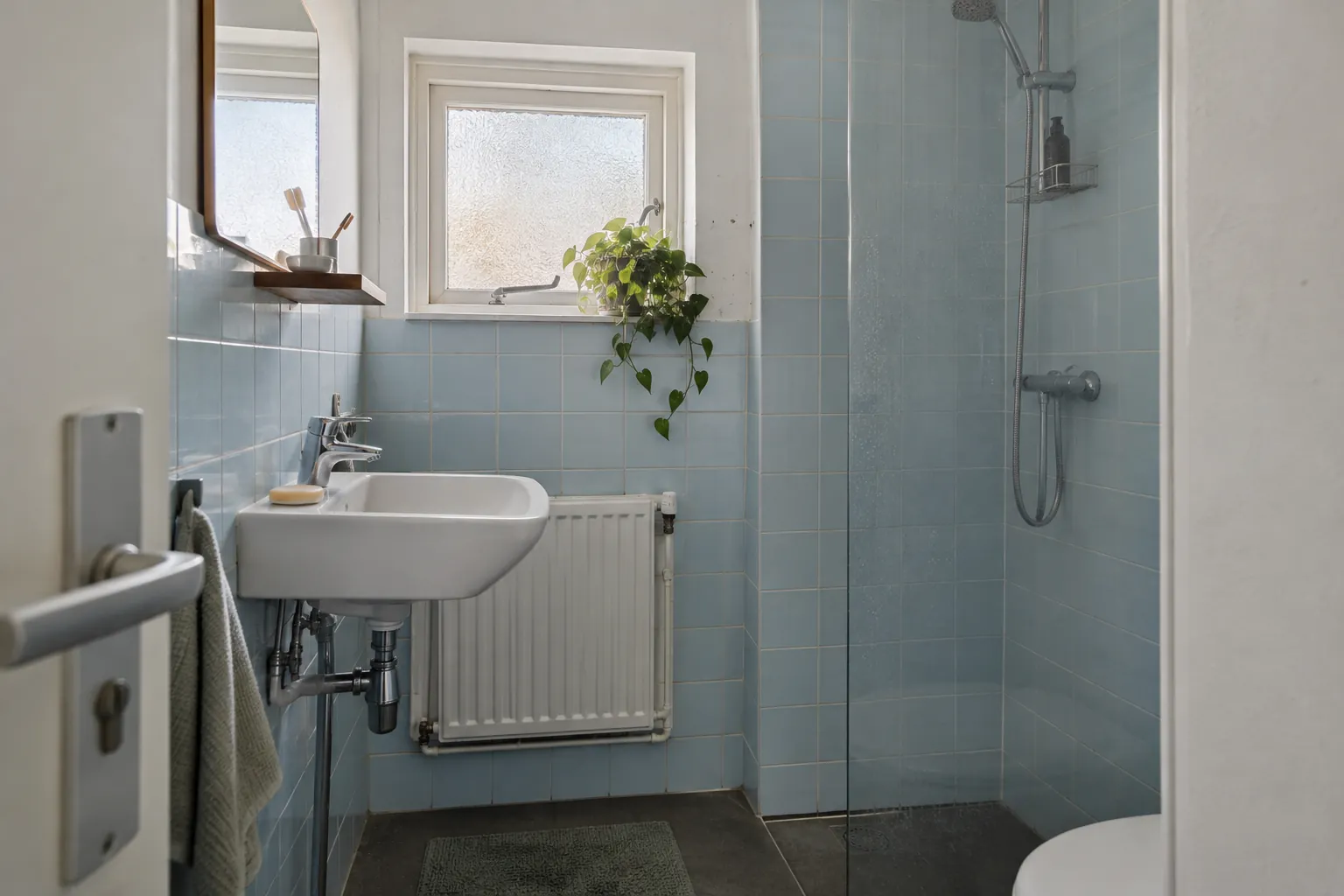 Smalle badkamer met lichtblauwe wandtegels, een hangende wastafel, radiator en glazen douchewand onder een klein matglazen raam — illustratief beeld