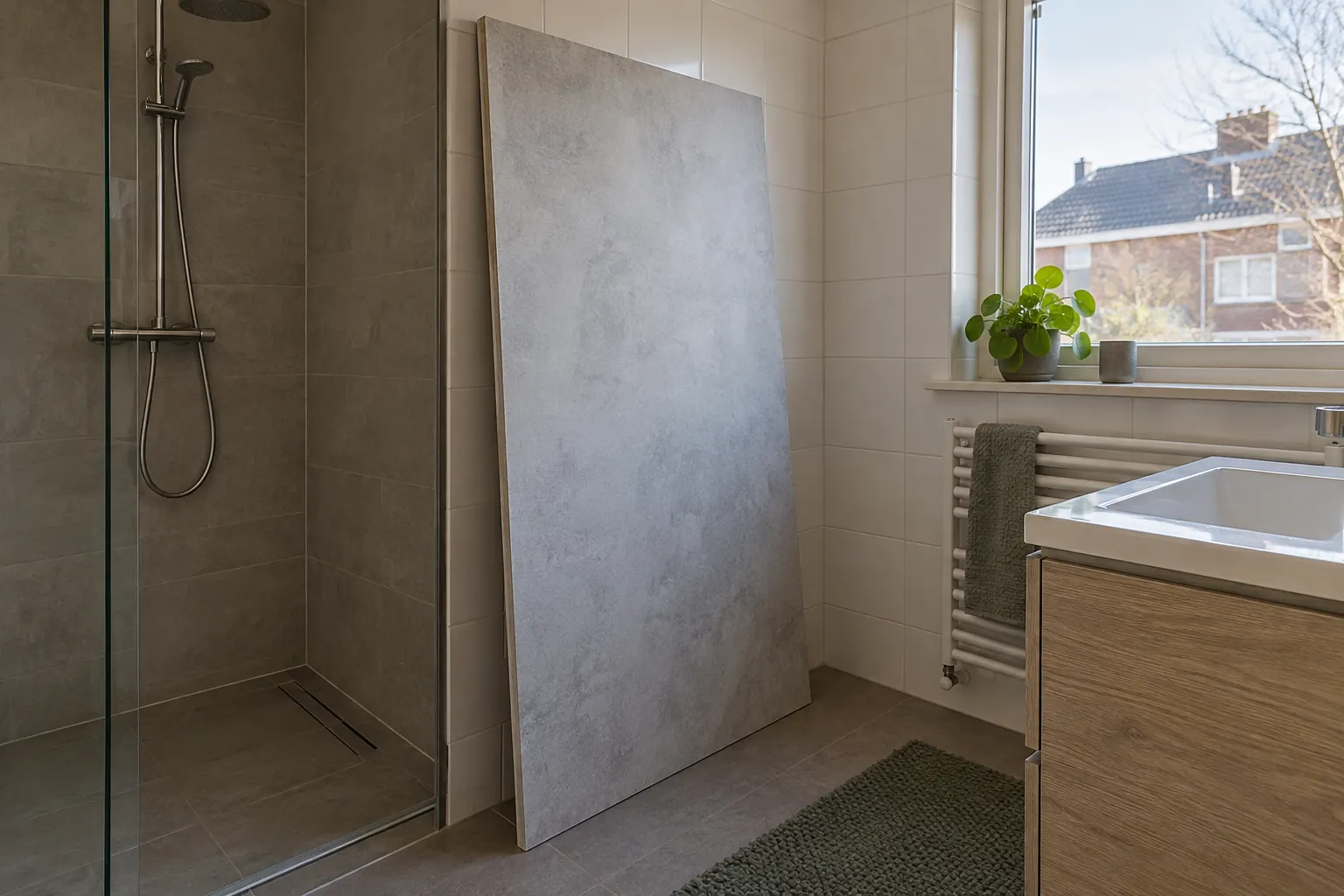 Grote grijze wandplaat met steenlook tegen lichte wandtegels naast een inloopdouche met glazen wand — illustratief beeld
