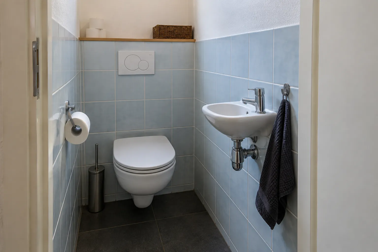 Kleine toiletruimte met hangend toilet, bedieningsplaat, grijsblauwe wandtegels, donkere vloertegels en een fonteintje met handdoek — illustratief beeld