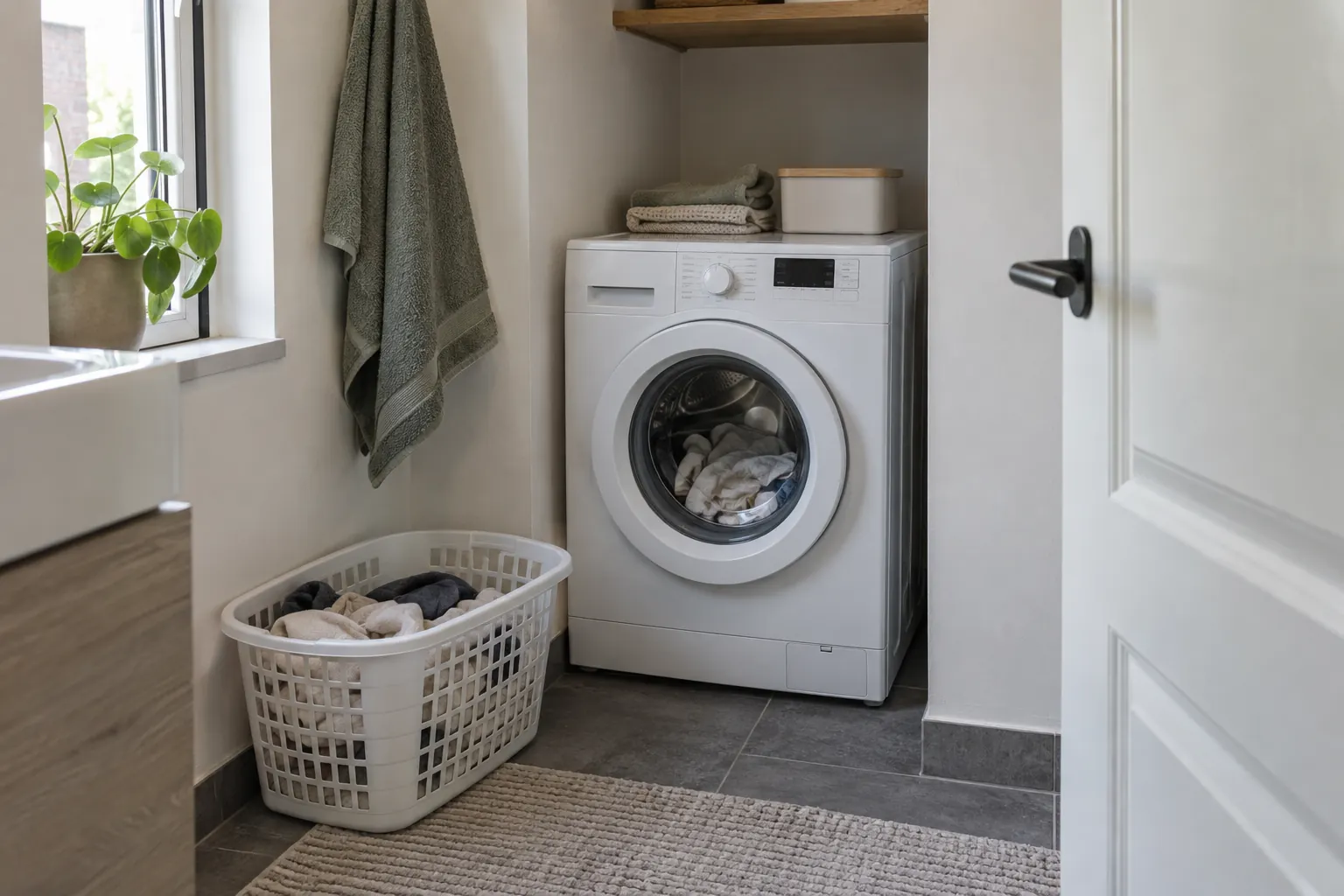 Wasmachine in een nis naast de badkamerdeur, met een plank erboven, een wasmand op de tegelvloer en een handdoek aan de wand — illustratief beeld