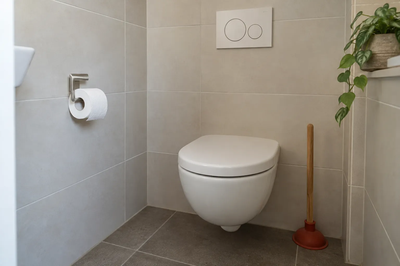 Hangend toilet met een bedieningsplaat met twee spoelknoppen en een ontstopper naast de pot — illustratief beeld