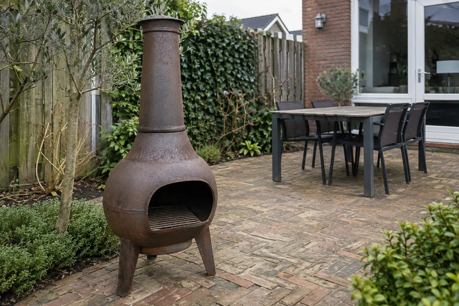 Roestbruine tuinhaard met schoorsteenpijp op een terras naast een tuintafel — illustratief beeld