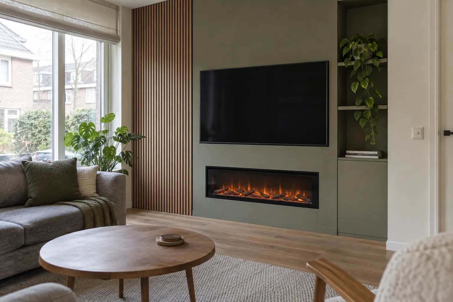Groene tv-wand met een televisie boven een ingebouwde haard met vlameffect, naast een lamellenwand — illustratief beeld