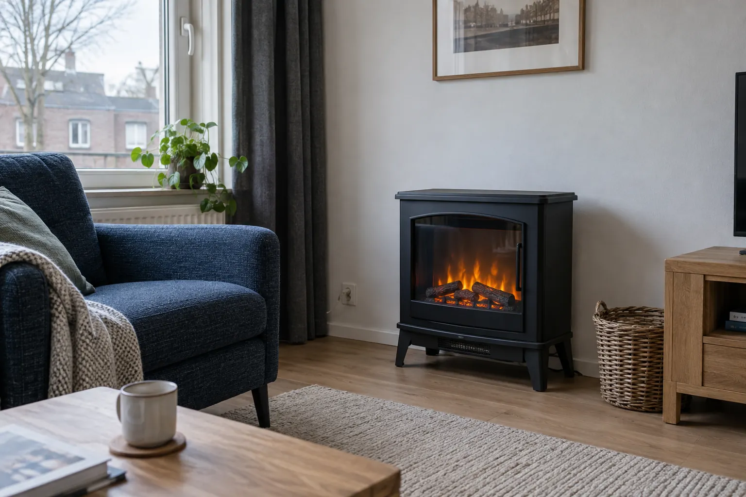 Vrijstaande zwarte sfeerhaard met vlameffect naast een blauwe fauteuil in een lichte woonkamer — illustratief beeld
