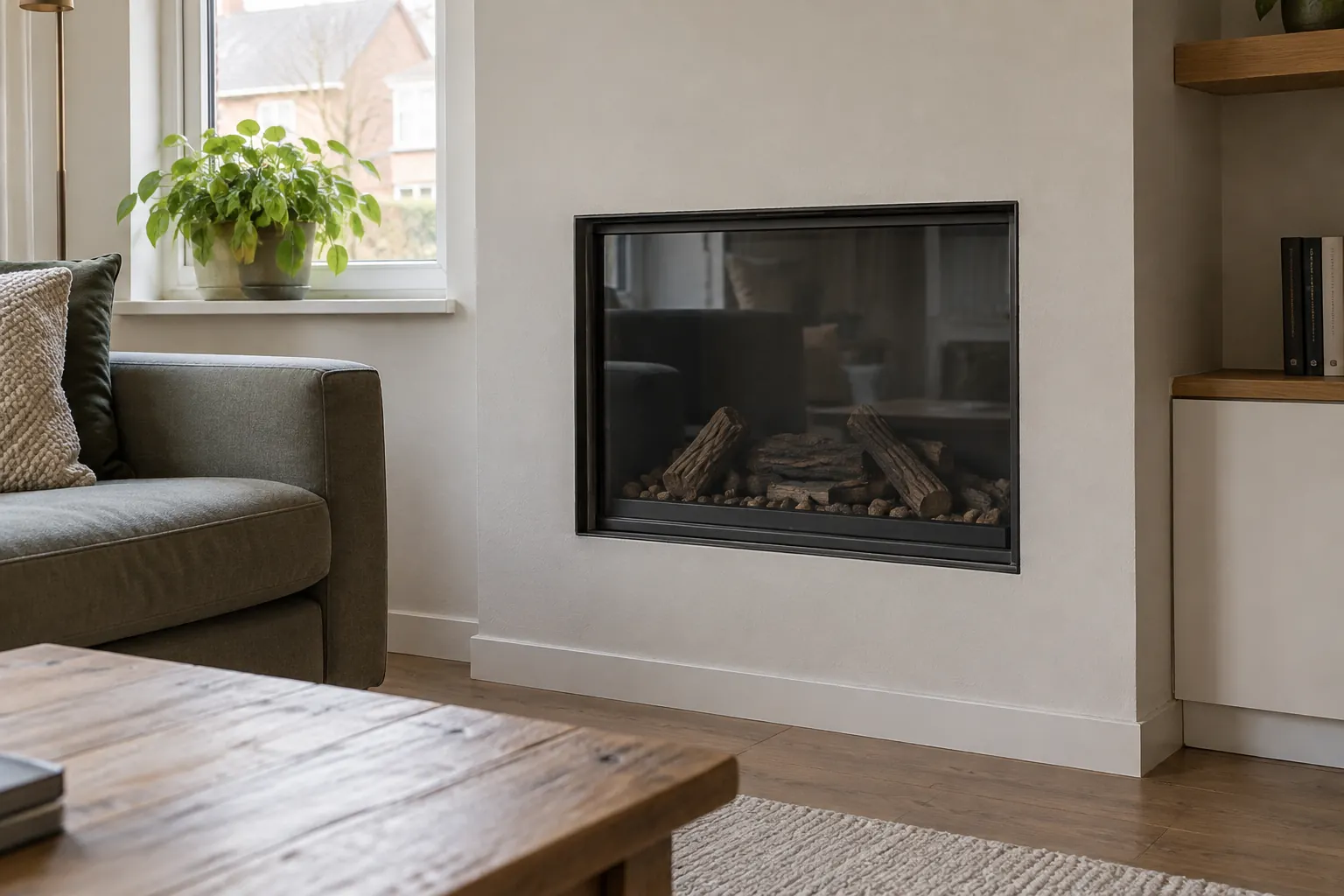 Ingebouwde gesloten haard met decoratieve houtblokken achter glas in een lichte wand — illustratief beeld