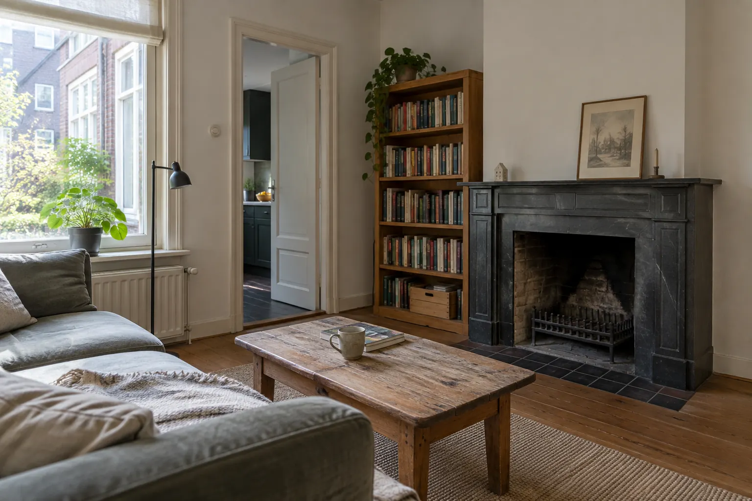 Woonkamer met een donkere oude schouw en een lege haardopening met rooster naast een boekenkast — illustratief beeld