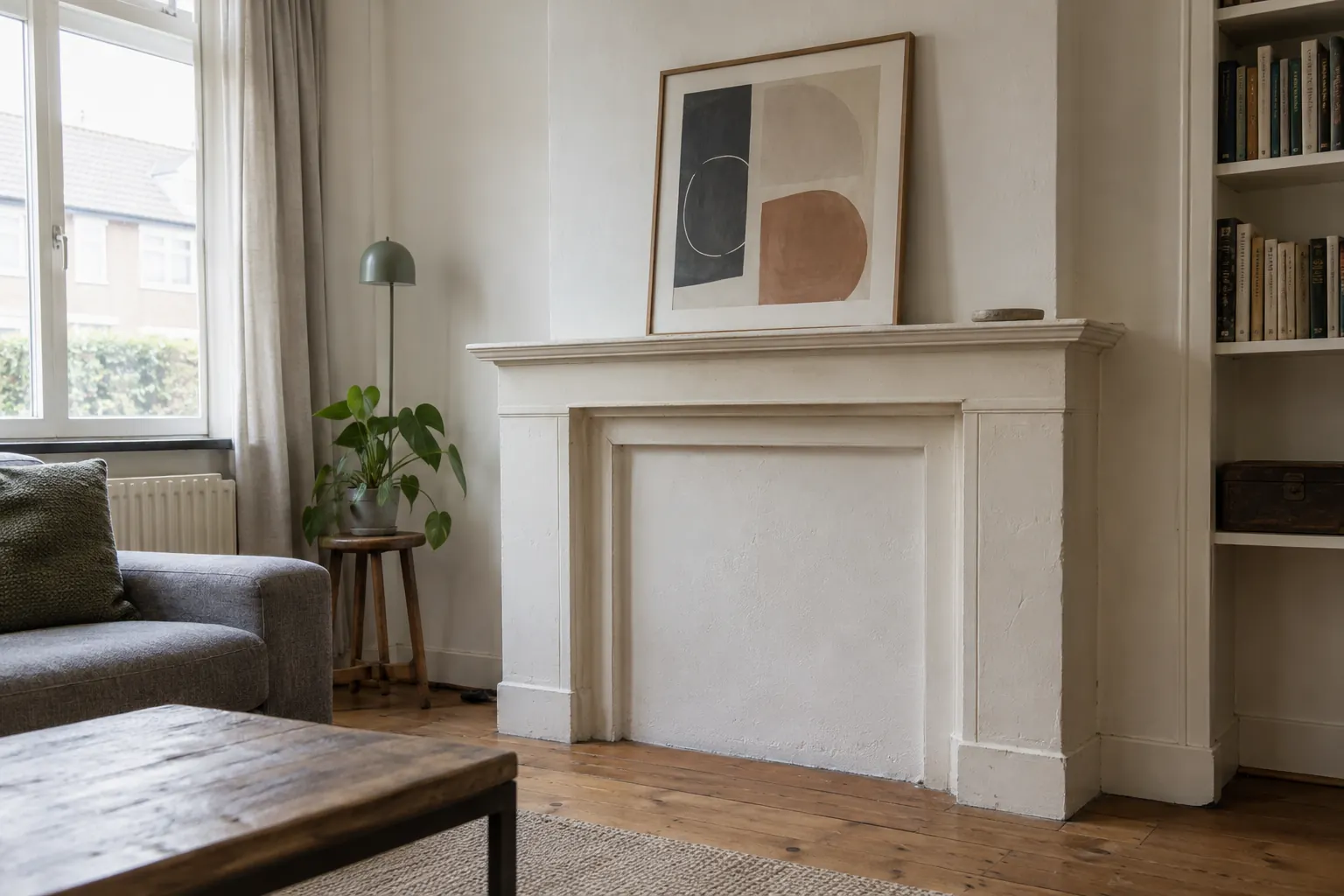Lichte oude schouw met dichtgemaakte opening en een ingelijste abstracte prent op de mantel — illustratief beeld