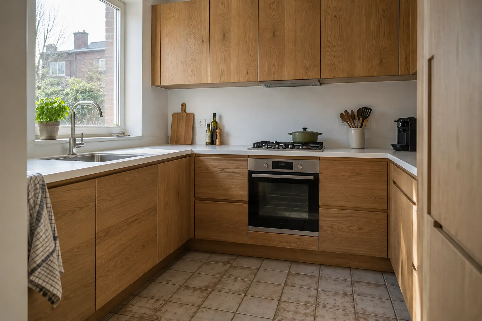 Keuken met eikenhoutlook fronten, een wit werkblad en een oudere tegelvloer — illustratief beeld