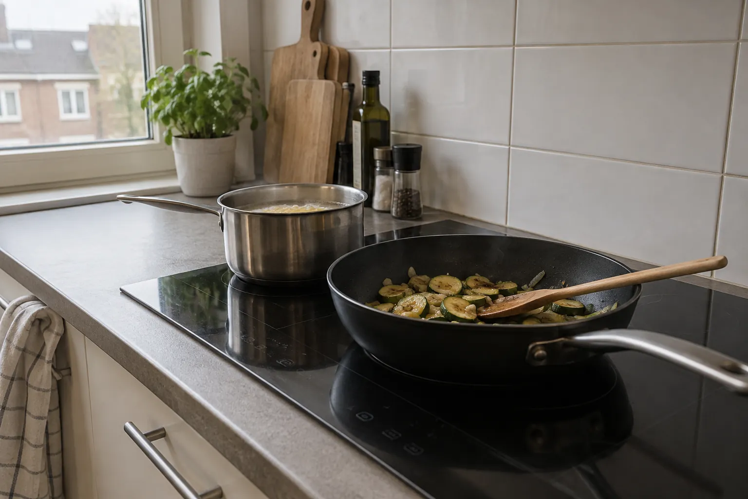 Een steelpan en een koekenpan met courgette op een zwarte glazen kookplaat — illustratief beeld