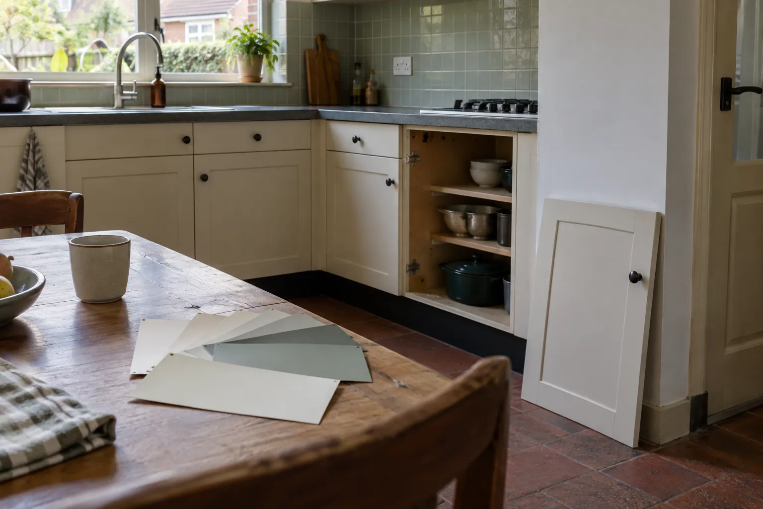Gedemonteerde crèmekleurige kastdeur tegen de muur en kleurstalen op een houten tafel in een bestaande keuken — illustratief beeld