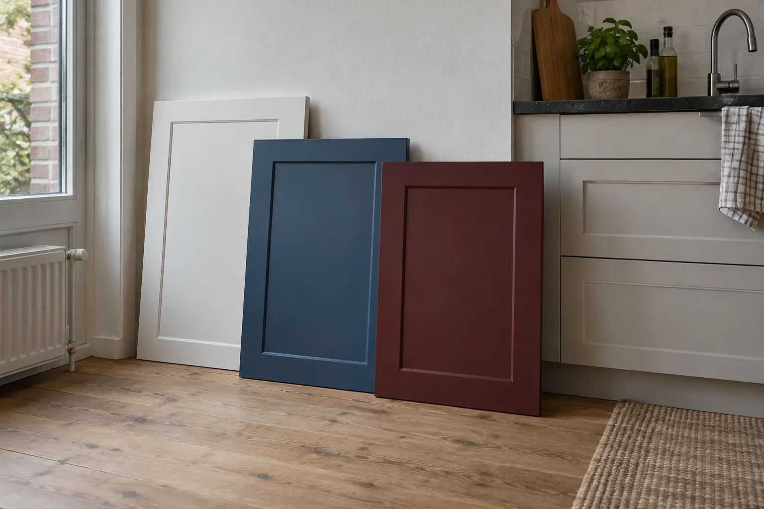 Drie keukenfronten in wit, donkerblauw en bordeauxrood rechtop tegen een wand op een houten vloer — illustratief beeld