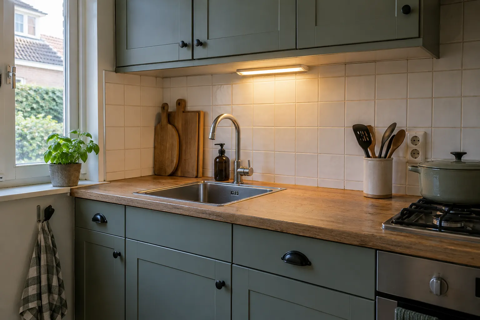 Lichtstrip onder groene bovenkasten die witte wandtegels en een houtlook-werkblad met spoelbak verlicht — illustratief beeld