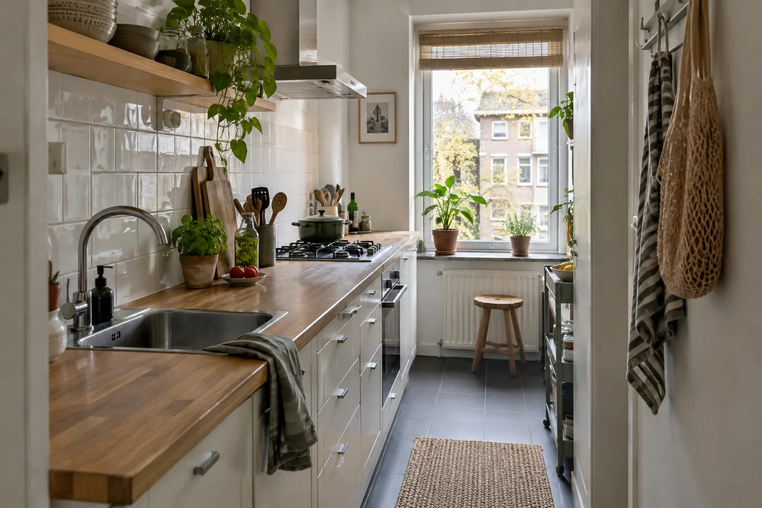 Smalle keuken met een werkblad in houtlook langs één wand, een spoelbak, een kookplaat en daglicht door een raam aan het uiteinde — illustratief beeld