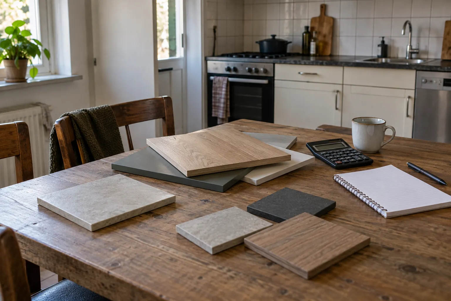 Werkblad- en frontstalen, een rekenmachine en een notitieblok op een houten tafel in een bestaande keuken — illustratief beeld