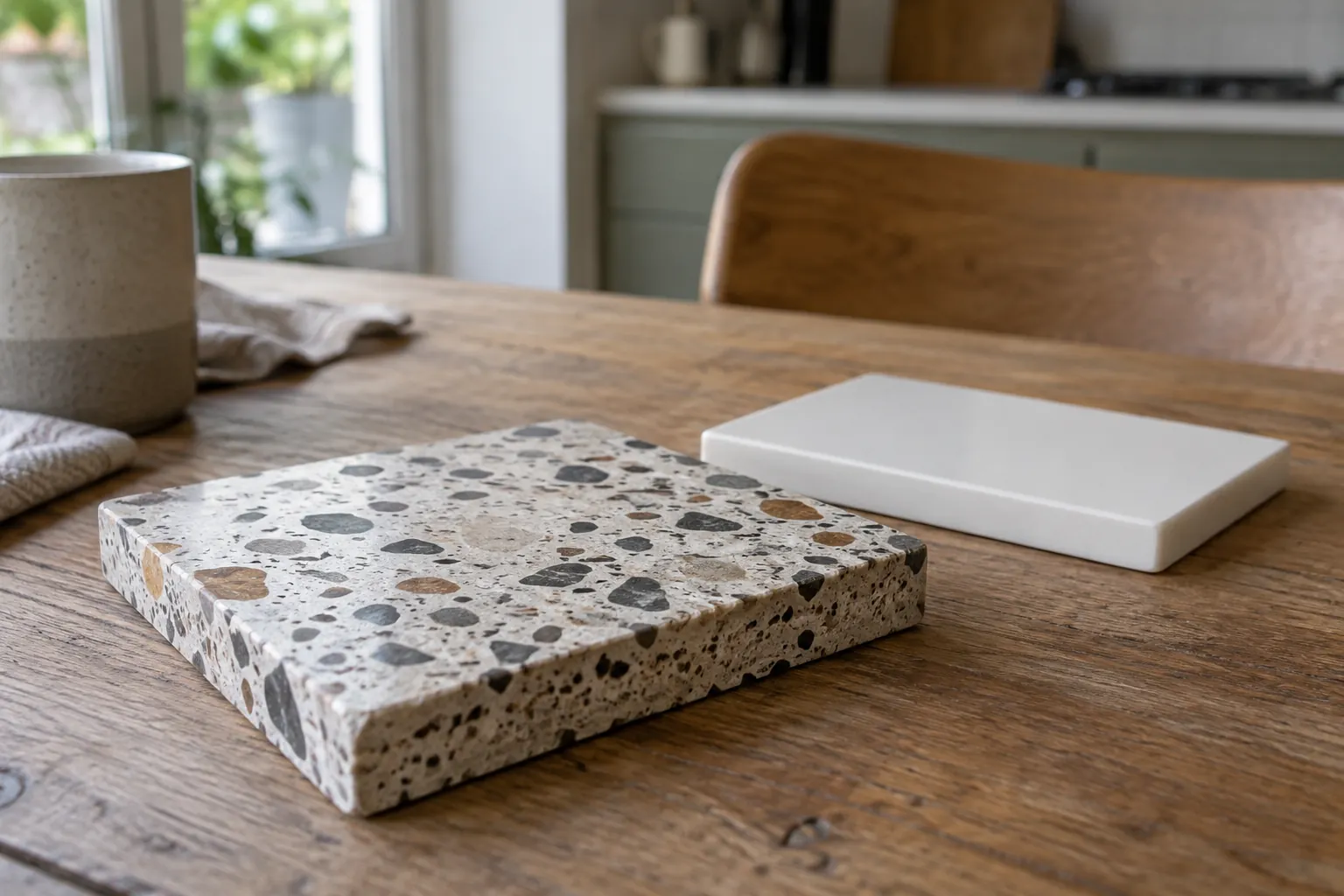 Werkbladstaal met grove gekleurde spikkels naast een effen wit staal op een houten tafel — illustratief beeld