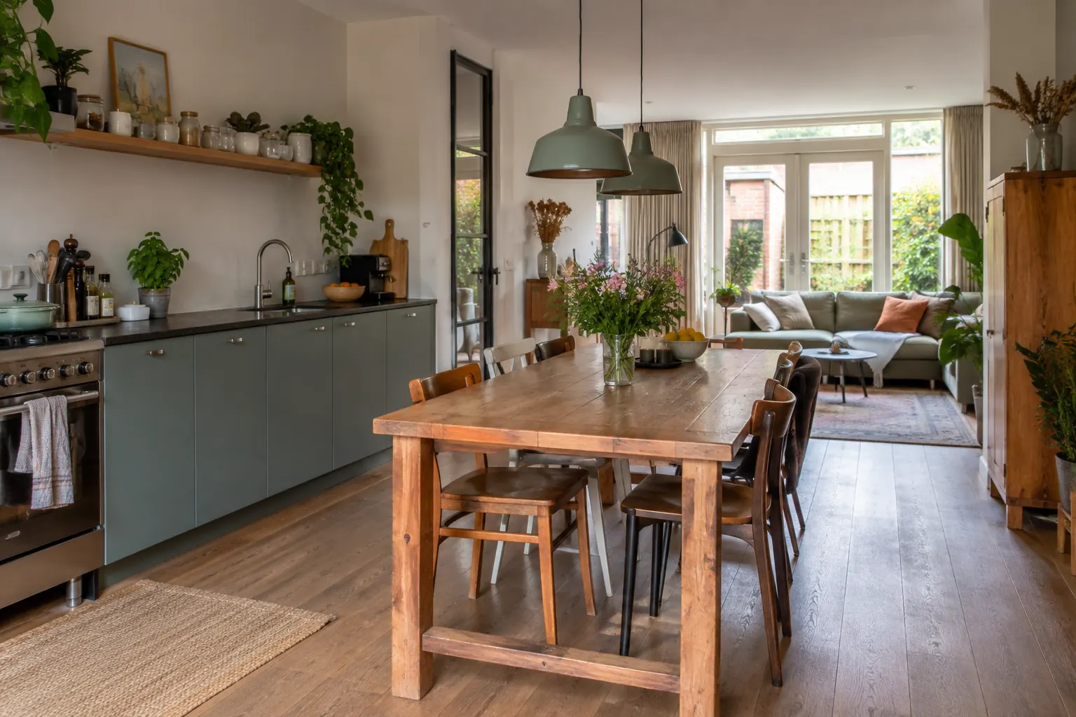 Woonkeuken met een keukenblok langs de wand, een grote houten eettafel met stoelen en achterin een zithoek bij de tuindeuren — illustratief beeld