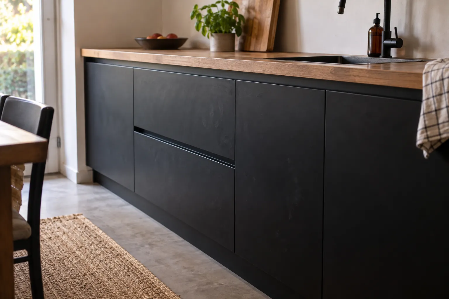 Matzwarte greeploze keukenfronten onder een houten werkblad met een zwarte kraan — illustratief beeld