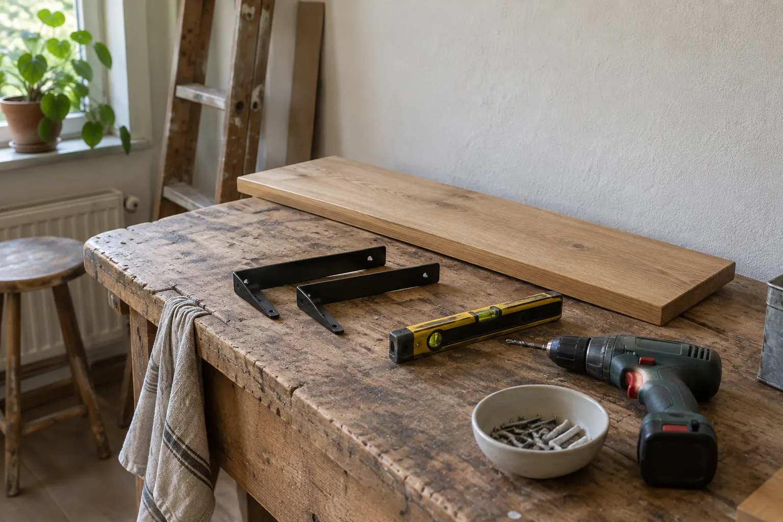 Houten plank, twee zwarte plankdragers, een waterpas, een schaaltje schroeven met pluggen en een accuboormachine op een werkbank — illustratief beeld