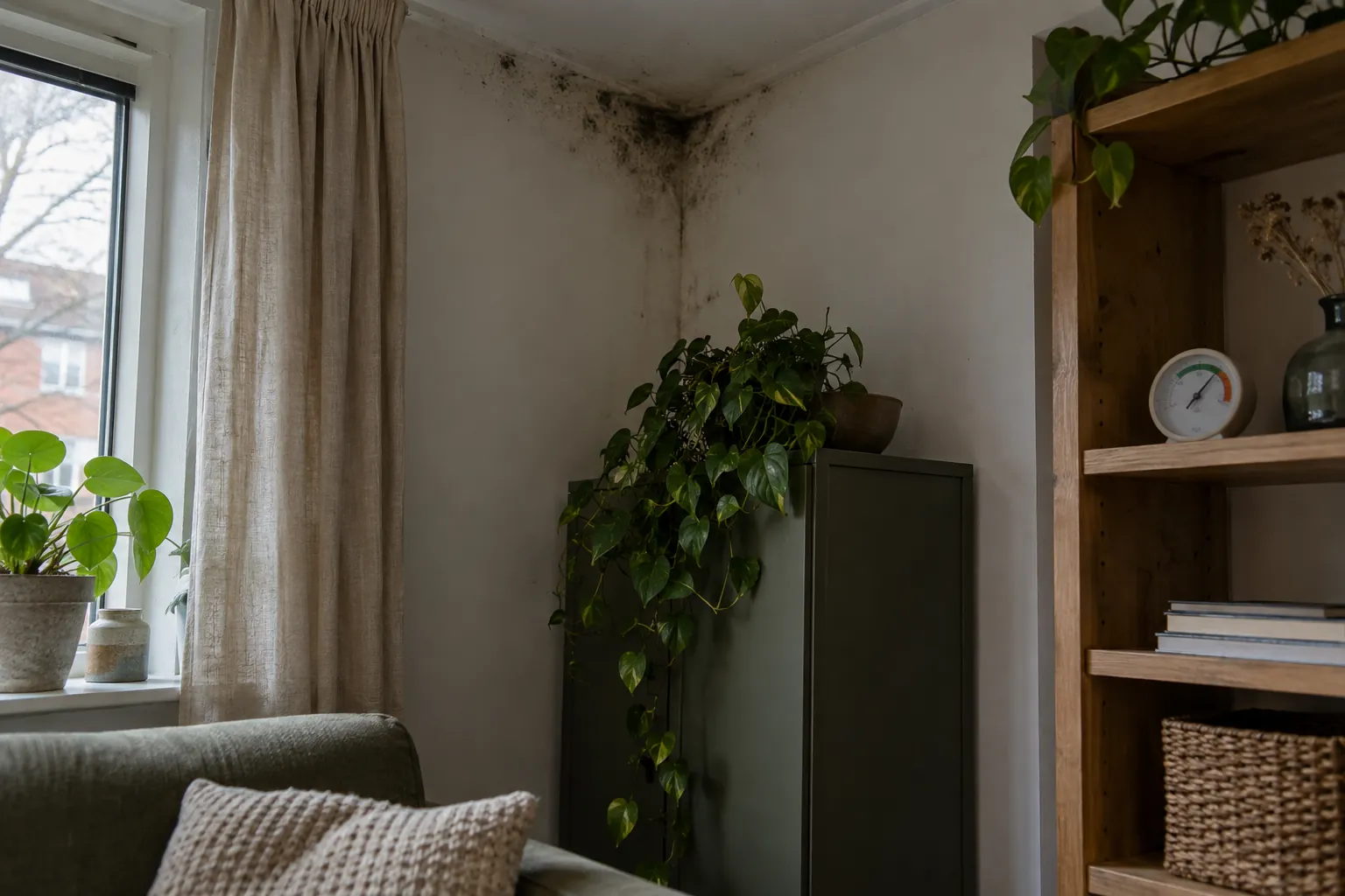 Donkere schimmelplekken in een bovenhoek van een woonkamer, met een kast ervoor en een ronde hygrometer op een open wandkast — illustratief beeld