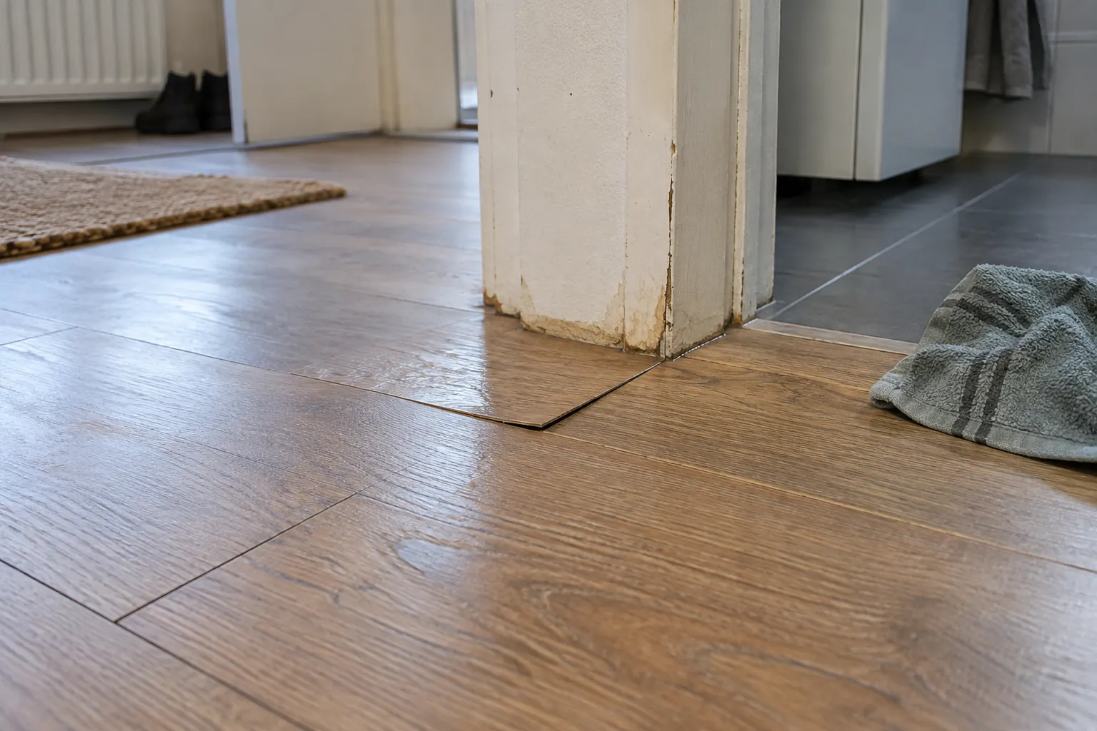 Laminaatvloer in houtlook met een plank die bij een deuropening omhoogstaat, naast een badkamer met tegelvloer — illustratief beeld