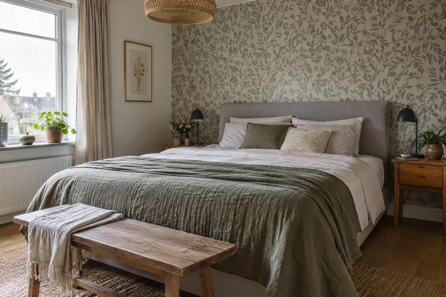 Slaapkamer met een fijn bladpatroon op het behang achter het bed en daglicht uit een zijraam — illustratief beeld