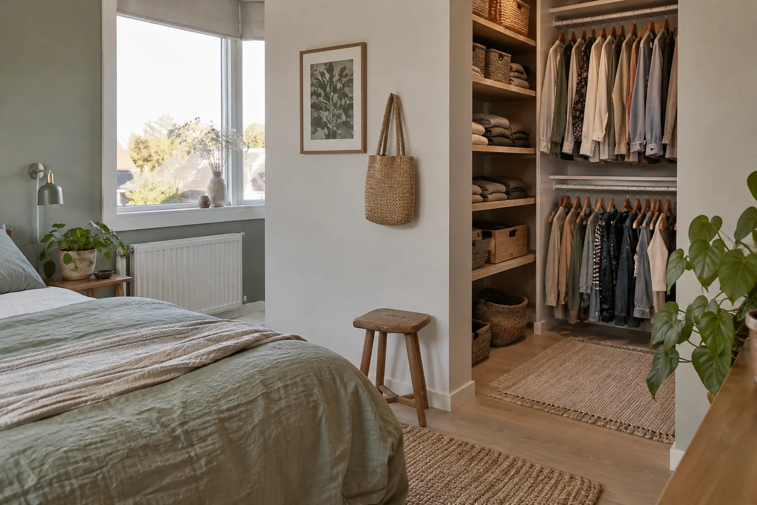 Open kledingkast met twee roedes en planken met manden en gevouwen kleding, naast een slaapkamer met bed — illustratief beeld