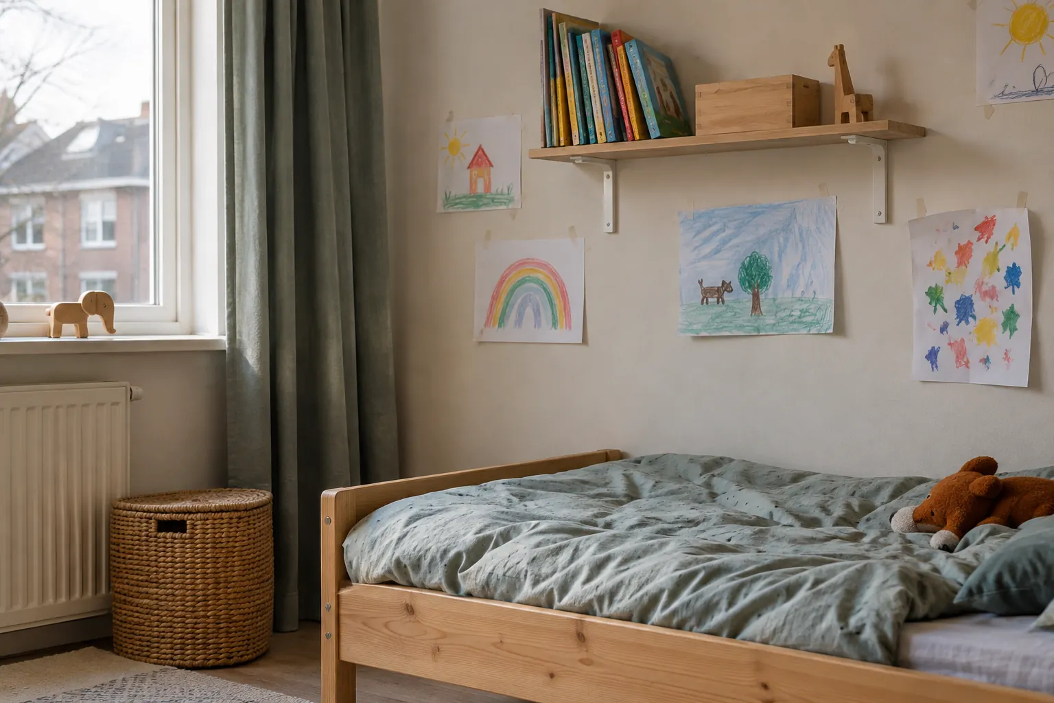 Kindertekeningen met tape aan de muur en een houten plank met boeken boven een kinderbed — illustratief beeld