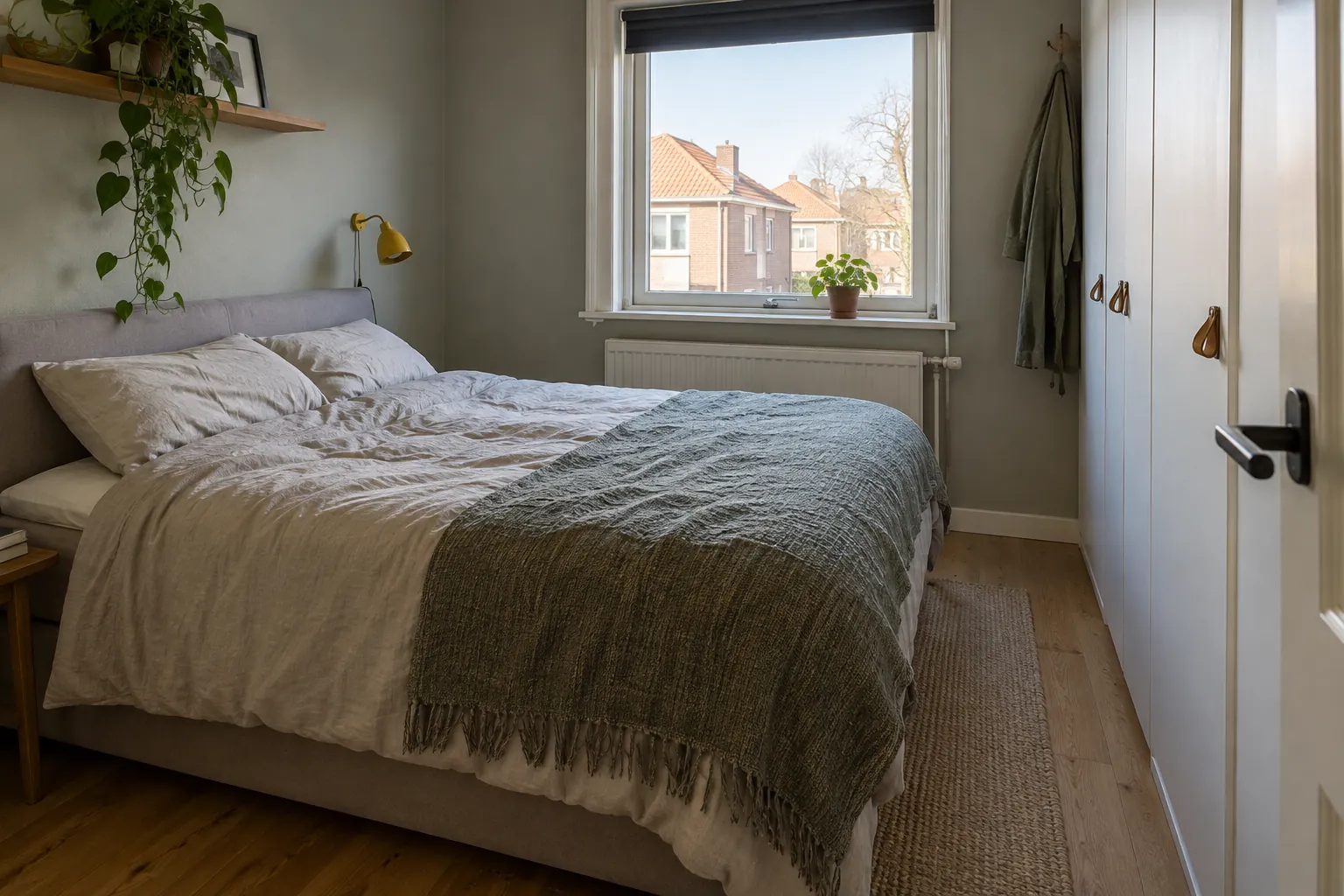 Smalle slaapkamer met een tweepersoonsbed bij het raam en een witte kastenwand langs de zijmuur — illustratief beeld