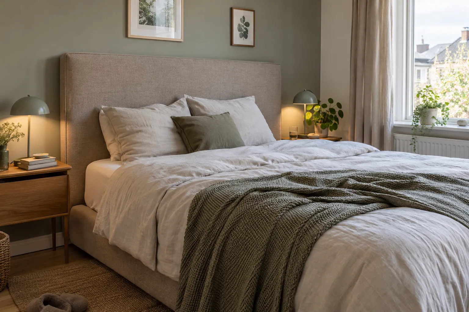 Bed met een breed gestoffeerd hoofdbord tegen een groene wand, met aan weerszijden een nachtkastje en een lamp — illustratief beeld
