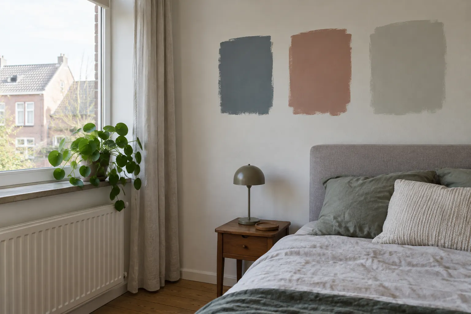 Drie geschilderde kleurproeven in blauwgrijs, roze en lichtgroen boven een grijs hoofdbord — illustratief beeld