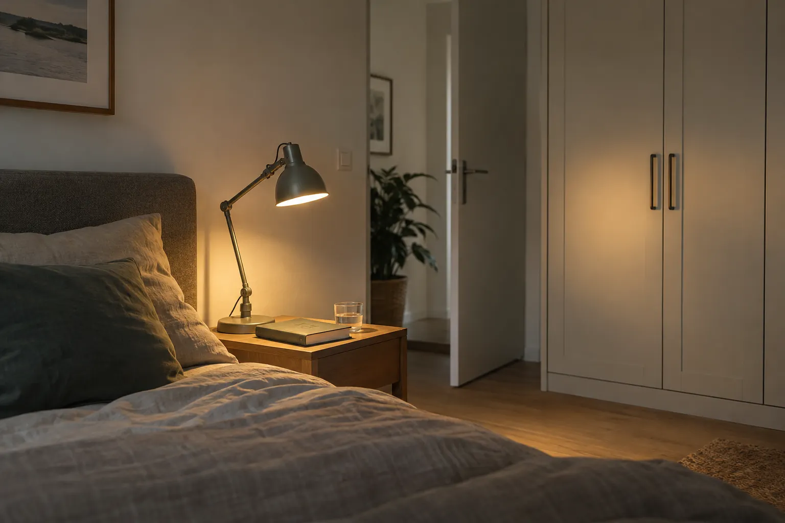 Slaapkamer bij avond met een brandend bureaulampje op het nachtkastje en een gesloten witte kledingkast — illustratief beeld