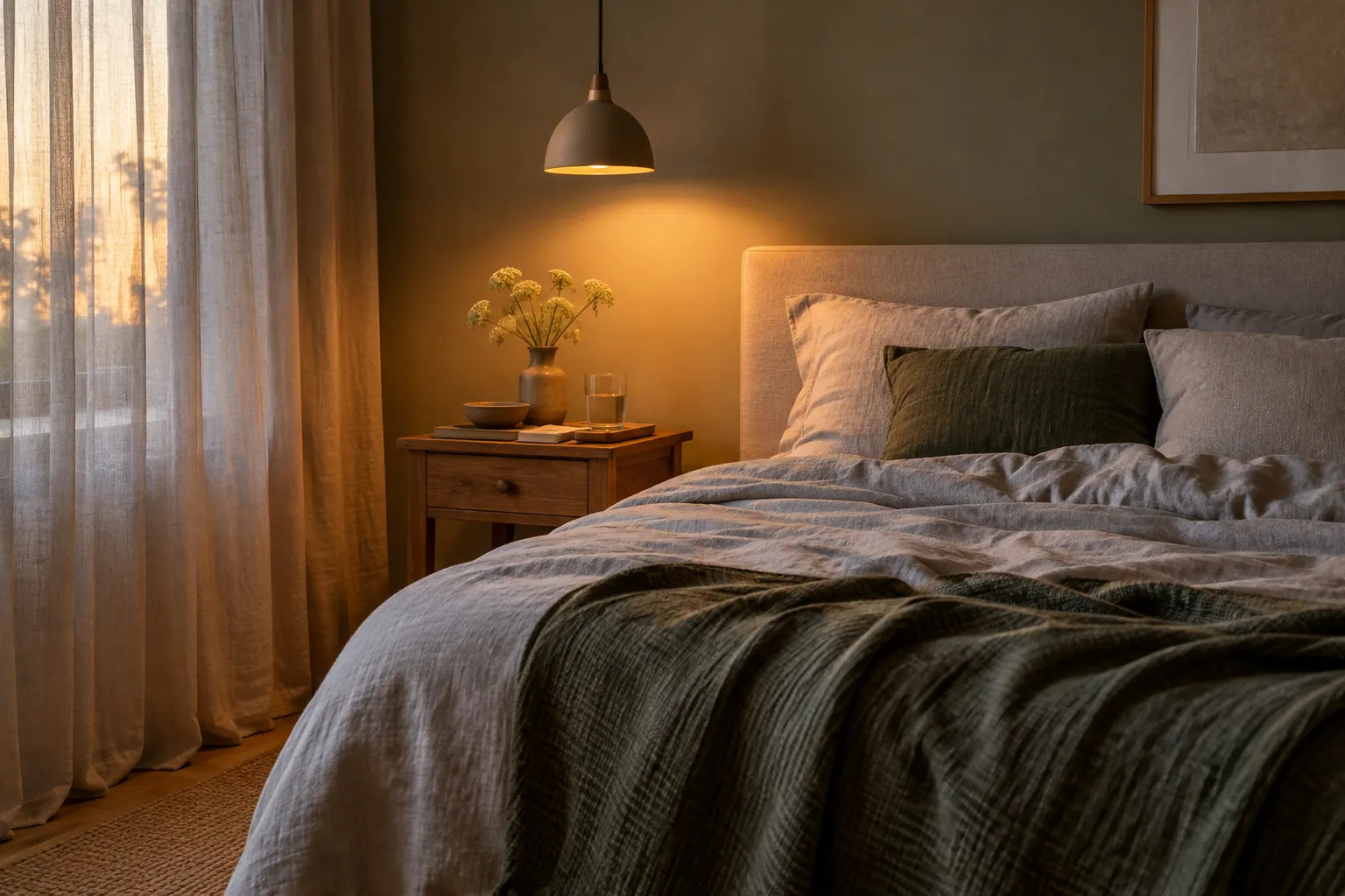 Bed met gekreukt beddengoed in warm avondlicht, met een hanglamp boven een nachtkastje van houtlook — illustratief beeld