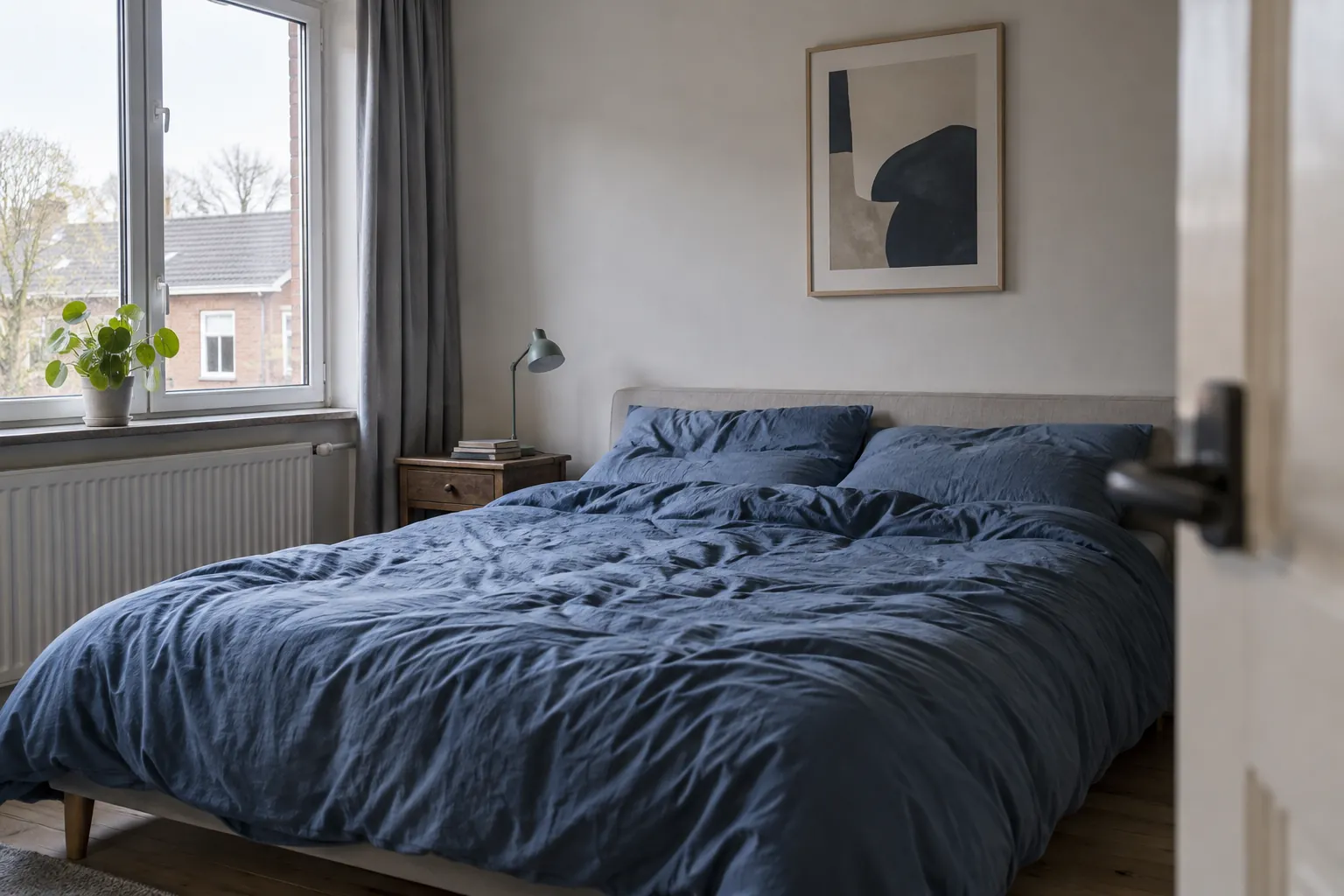 Opgemaakt bed met blauw dekbed en een ingelijste abstracte prent erboven — illustratief beeld