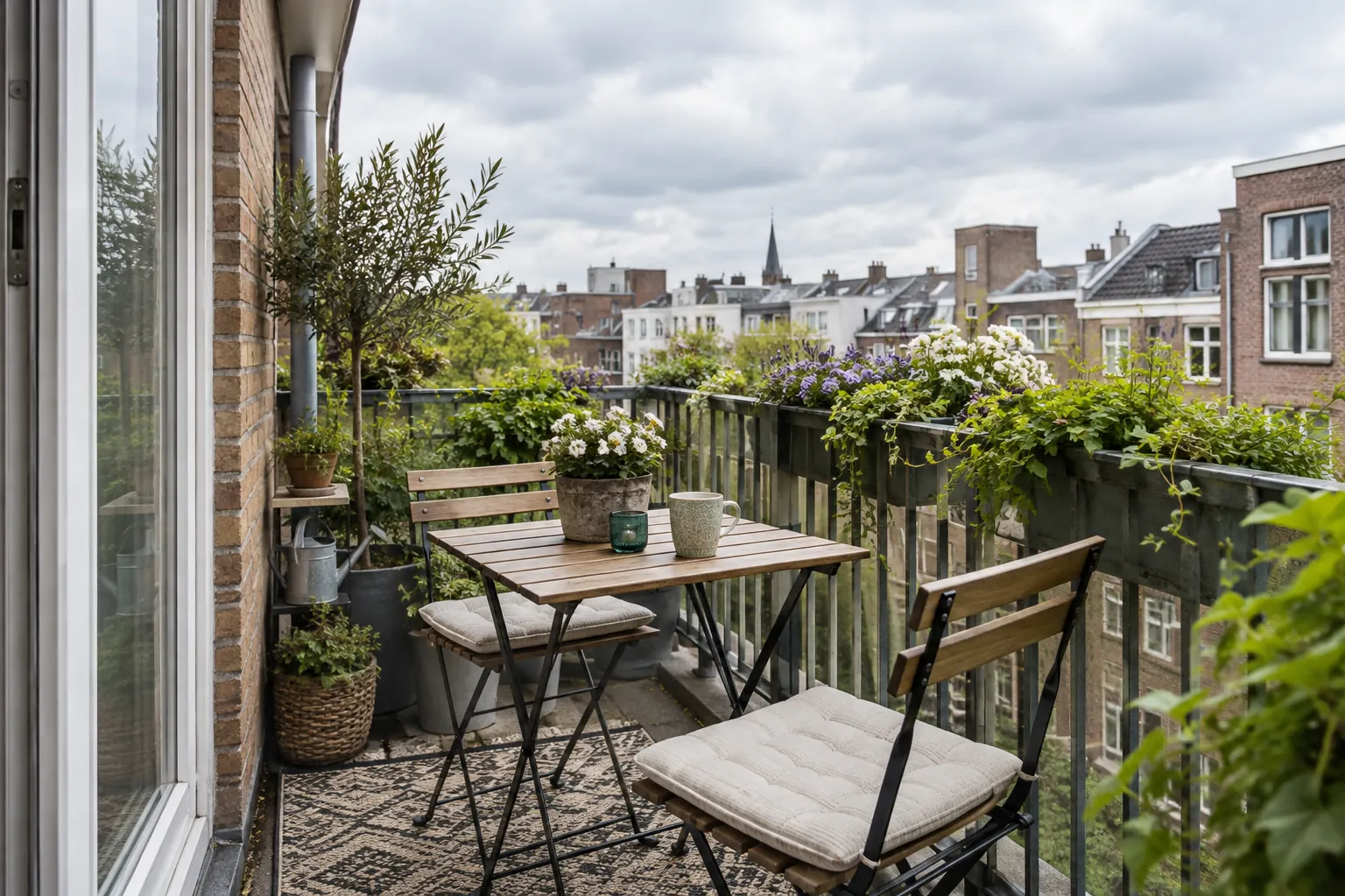 Smal balkon met een inklapbaar houten tafeltje, twee stoelen met kussens en bloembakken aan de reling, met uitzicht over daken