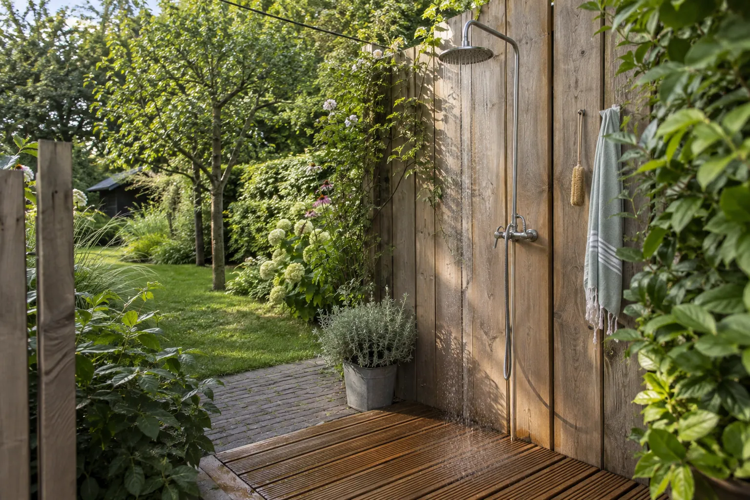 Buitendouche met een regendouchekop tegen een houten wand, met een houten rooster op de grond en een handdoek aan een haak — illustratief beeld