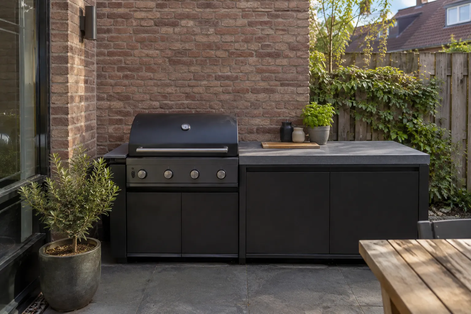 Zwarte barbecue met draaiknoppen ingebouwd in donkere kasten met grijs werkblad tegen een bakstenen tuinmuur — illustratief beeld
