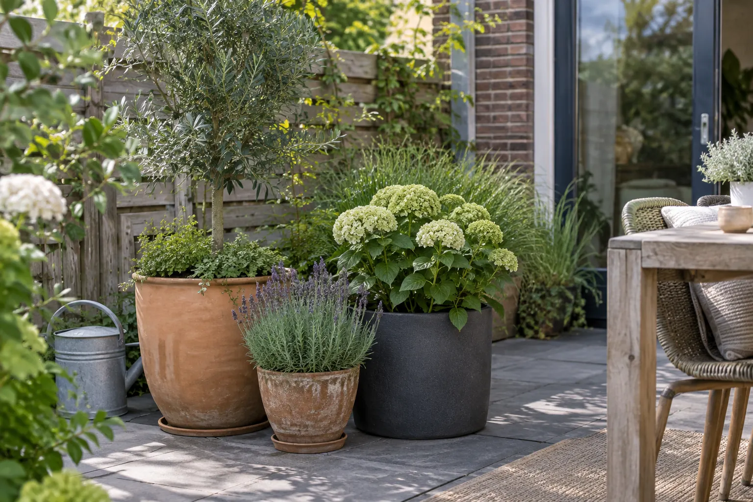 Grote en kleine potten met planten naast elkaar op een bestraat terras bij een tuindeur, met een zinken gieter ernaast