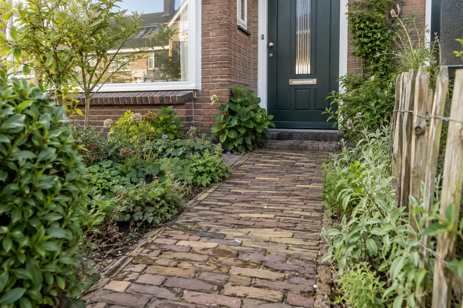 Pad van gebakken klinkers tussen beplanting naar een groene voordeur, met een hekje van ruwe houten latten
