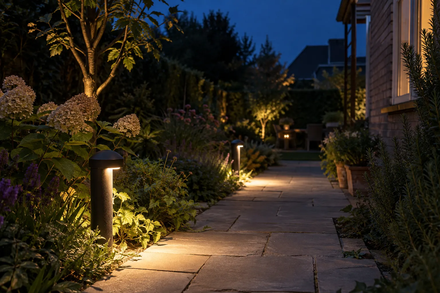 Tuinpad in de schemering met lage paallampen die warm licht omlaag op de bestrating werpen, langs een border met struiken