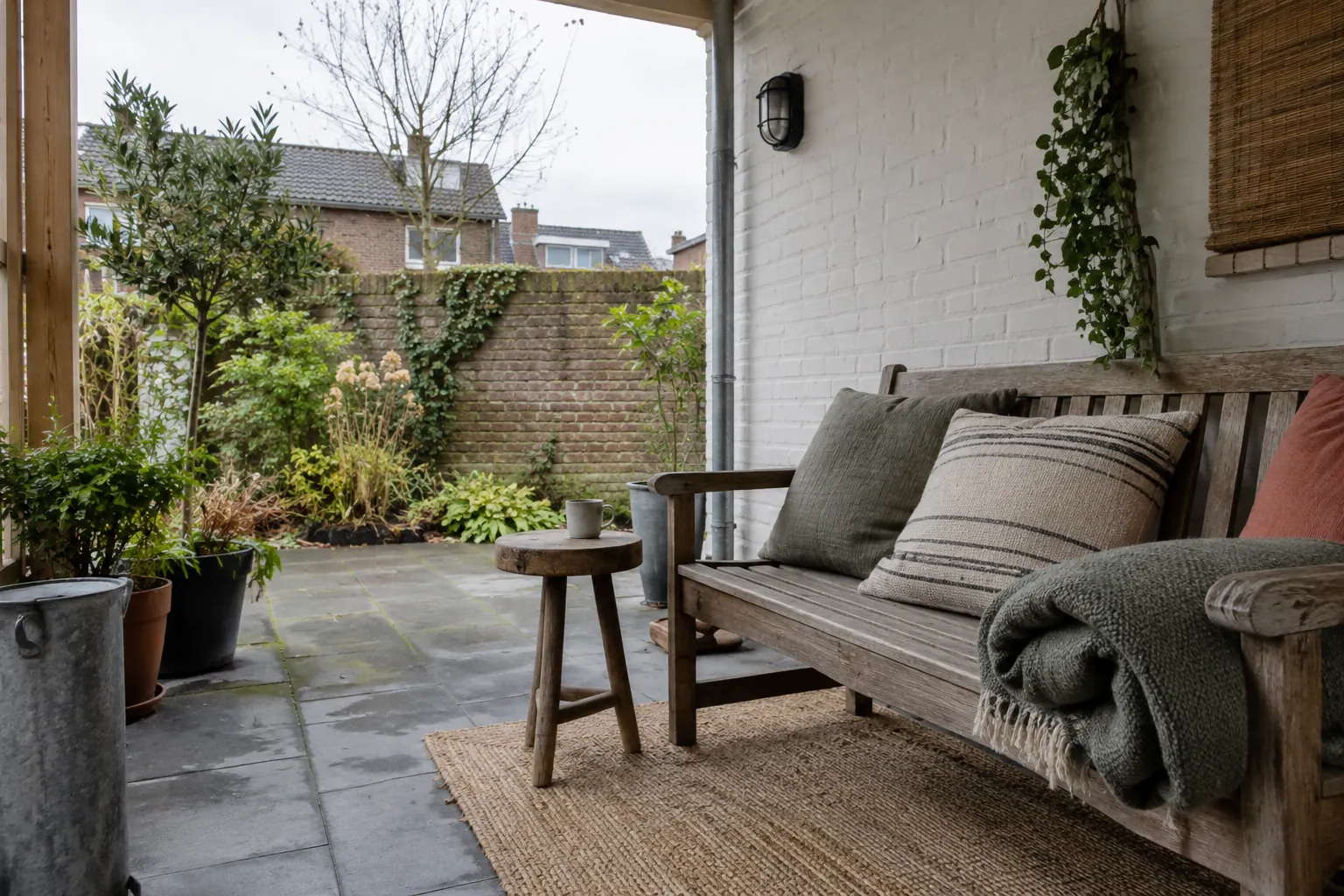 Houten bank met kussens en plaid onder een overkapping tegen een witte gevel, met zicht op een ommuurde tuin — illustratief beeld