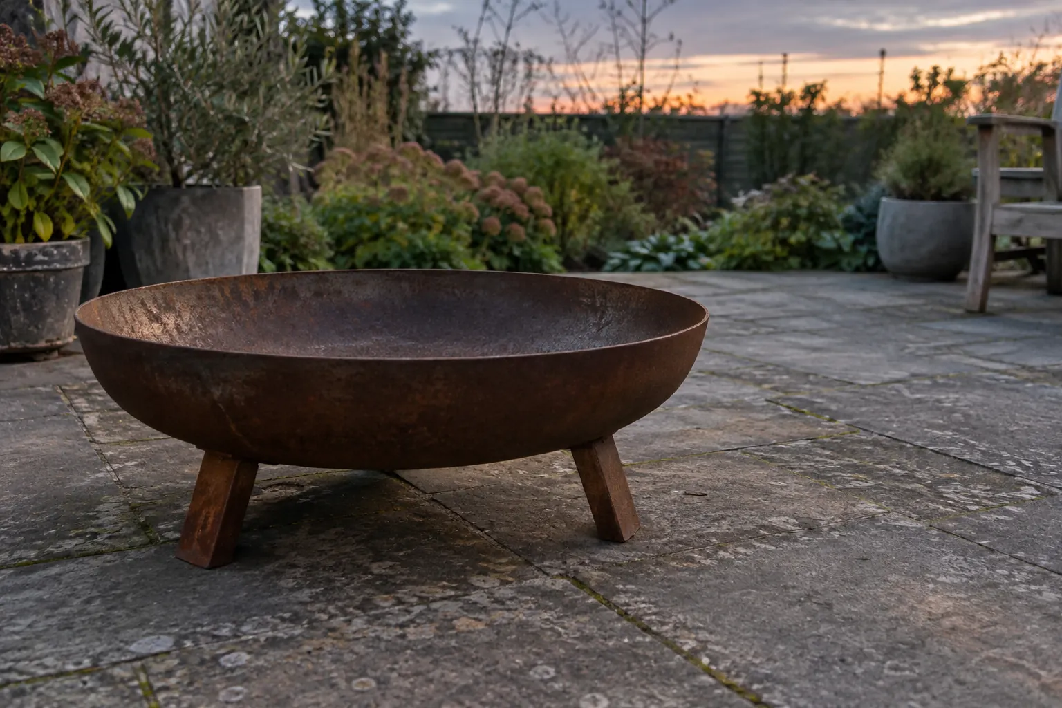 Onverlichte metalen vuurschaal op poten op verweerde bestrating, met potten, beplanting en een houten bank eromheen in de schemering — illustratief beeld