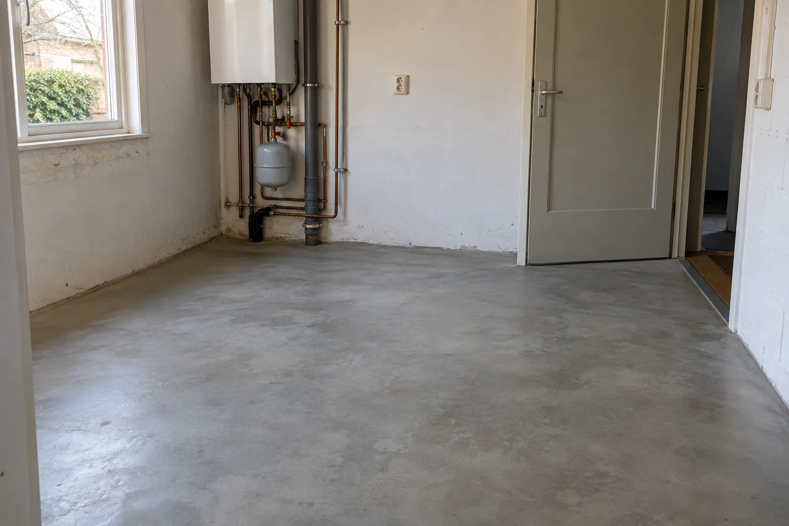 Lege ruimte met een egaal grijze, onafgewerkt ogende betonvloer, een cv-ketel met leidingen aan de muur en een binnendeur — illustratief beeld