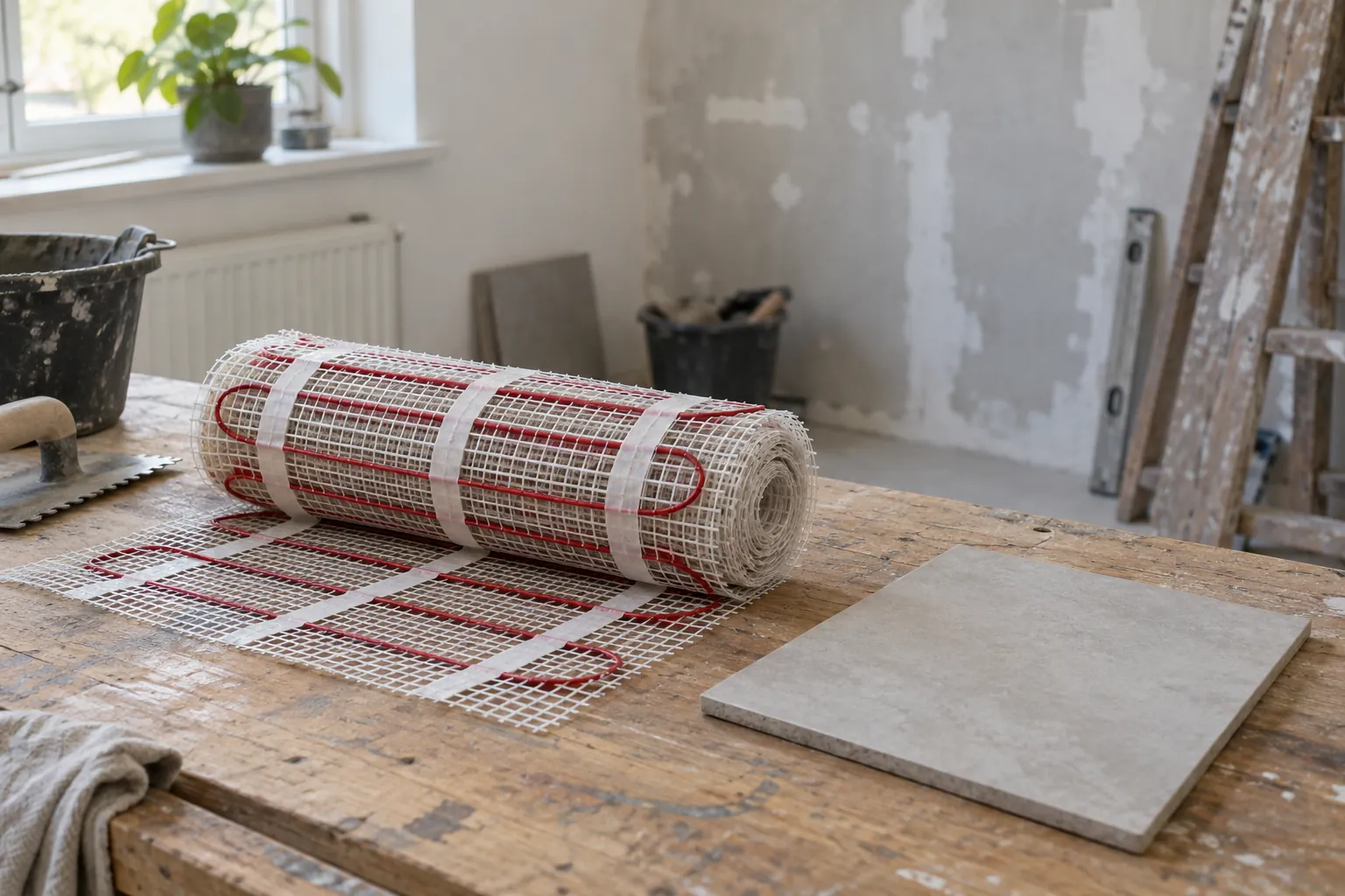 Opgerolde elektrische vloerverwarmingsmat met rode verwarmingsdraad op een glasvezelnet, naast een losse tegel op een houten werkbank — illustratief beeld